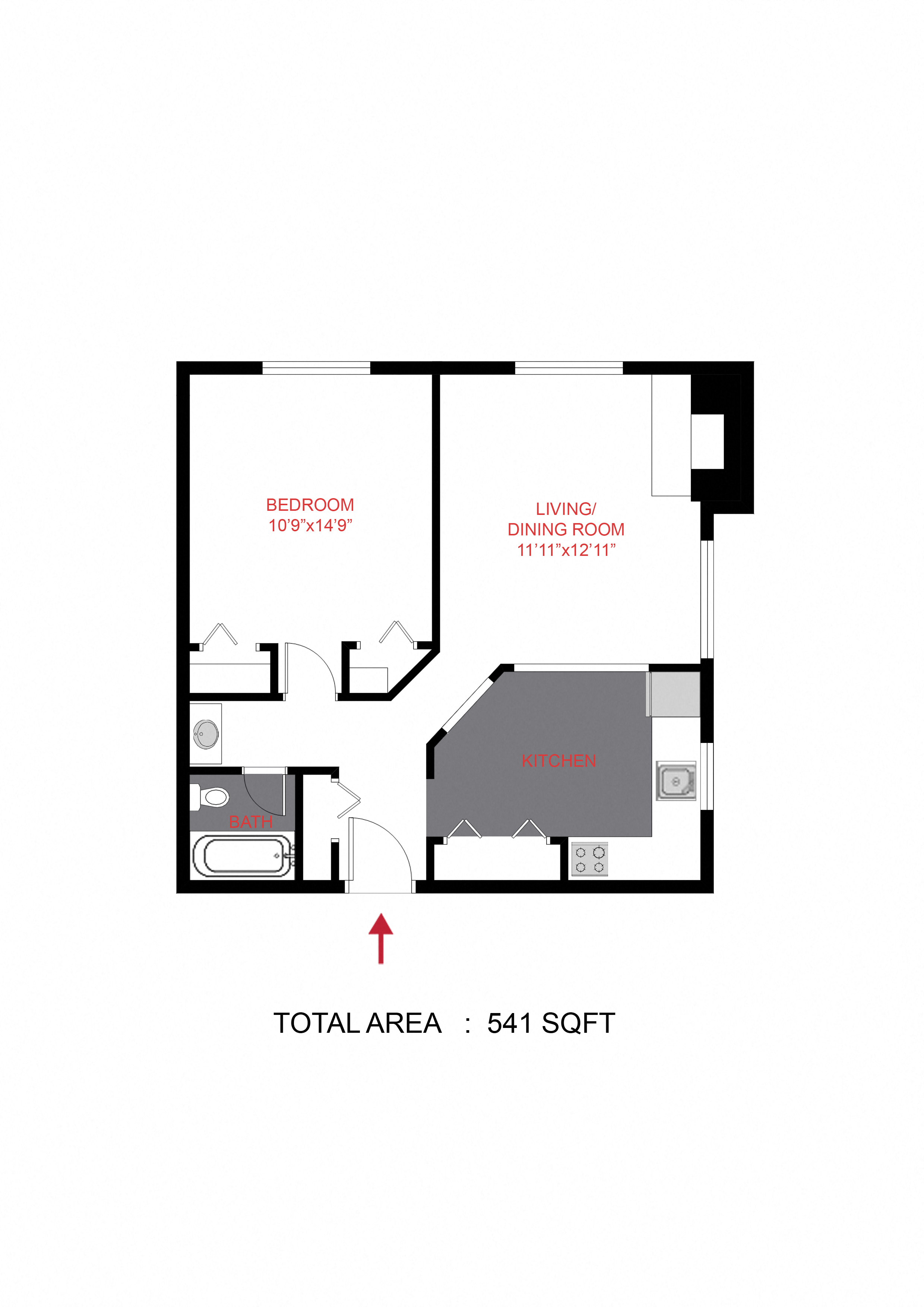Floor plan for 1 bed, 1 bath, 506 sqft